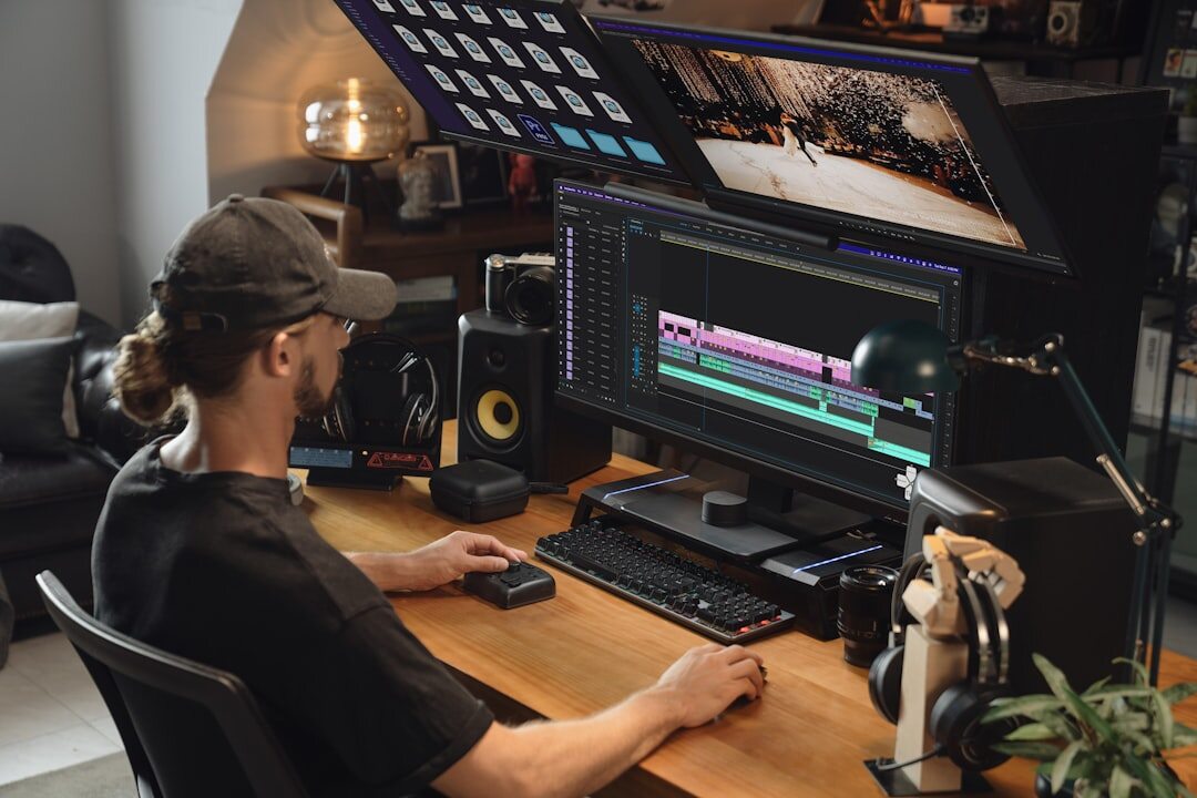 Video editor working on multiple monitors in an editing studio